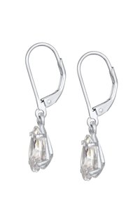 Silberne Ohrhaken mit einem klaren, tropfenförmigen Kristallperle, gehalten in einem eleganten Setting mit subtilen Facetten, die das Licht reflektieren.