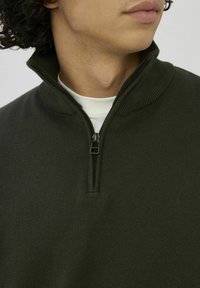 Pull vert foncé zippé avec un col montant et un tricot texturé. Doté d'une fermeture éclair mi-longueur au niveau du cou. En dessous, un chemisier blanc est visible.