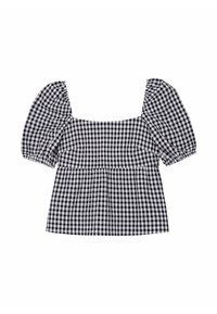 Haut à manches courtes noir et blanc à carreaux avec un col carré, des manches bouffantes froncées et une taille peplum. Fabriqué en tissu léger.