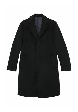 Svart ullkappa med slag, långa ärmar och fickor i sidan. Har en rak siluett och en slät textur.