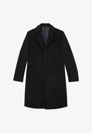 Manteau en laine noir avec un col cranté, des manches longues et des poches latérales. Présente une silhouette droite et une texture lisse.