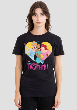 Black t-shirt featuring a colorful graphic of three princesses in a heart shape, with the text "better TOGETHER!" in pink. Soft cotton fabric.