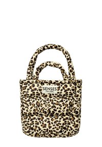 Leopard-print padded tote bag in beige and brown with two handles and a visible label that reads "SENSES .THE LABEL." Features a soft texture.