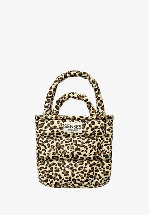 Leopard-print padded tote bag in beige and brown with two handles and a visible label that reads "SENSES .THE LABEL." Features a soft texture.
