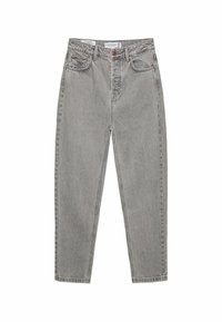 Jeans gris de cintura alta con pierna recta, que cuentan con un cierre de botón único, presillas para cinturón y un diseño clásico de cinco bolsillos.