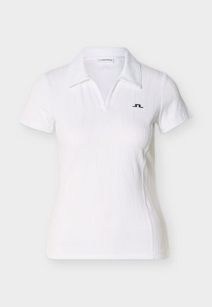 Biele polo tričko s textúrovaným vzorom, klasickým golierom a krátkymi rukávmi. Na ľavej strane hrudníka je čierne logo.