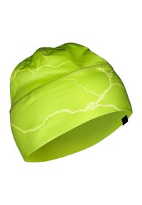 Neon green beanie made of stretch fabric, featuring a textured lightning pattern in silver. Soft, snug fit with a flat hem.