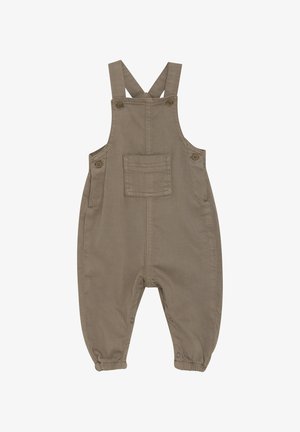 Khaki-Latzhose aus strapazierfähiger Baumwolle. Verfügt über verstellbare Schulterträger, eine Fronttasche und elastische Knöchel für eine bequeme Passform.