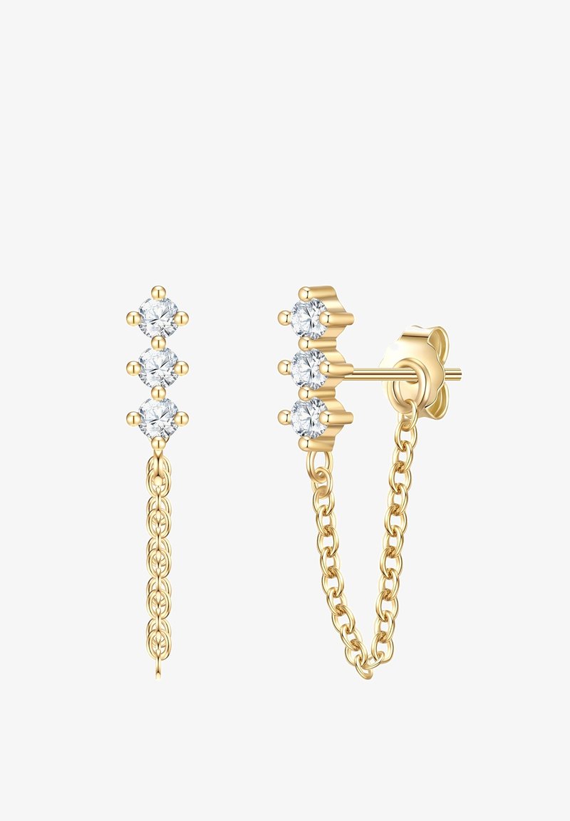 Pendientes de oro que presentan tres piedras preciosas transparentes dispuestas en una línea vertical, conectadas por una delicada cadena que aporta detalle y movimiento.