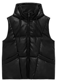 Veste matelassée noire avec capuche, dotée d'une fermeture éclair frontale, de deux poches latérales et d'une texture lisse et brillante.