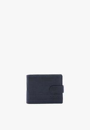 Portefeuille bifold en cuir noir avec fermeture à bouton-pression et logo embossé dans le coin inférieur droit.