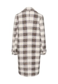 Wollen plaid jas in een beige, grijze en bruine ruitpatroon. Heeft een geschoorde kraag en geknoopte mouwen met knoopdetails.