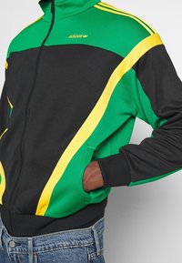 Grön och svart zip-up-jacka med gula accenter, med hög krage, sidfickor och en sportig design, tillverkad av mjukt material.