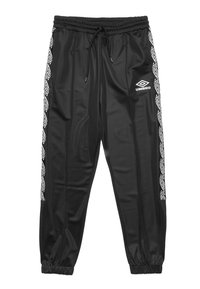 Zwarte sportbroek van glanzend synthetisch materiaal, met witte geometrische patronen aan de zijkanten en een elastische tailleband met een trekkoord.