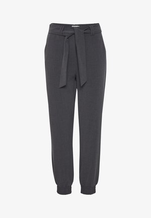 Dunkelgraue Hose mit einem gebundenen Gürtel in der Taille, schmal zulaufenden Knöcheln und elastischen Bündchen. Hergestellt aus einem glatten Stoff mit einer dezenten Textur.