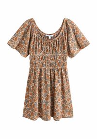 Floral print dress with short puff sleeves, smocked waist, and a rounded neckline. Colors include rust, blue, and green on a beige background.