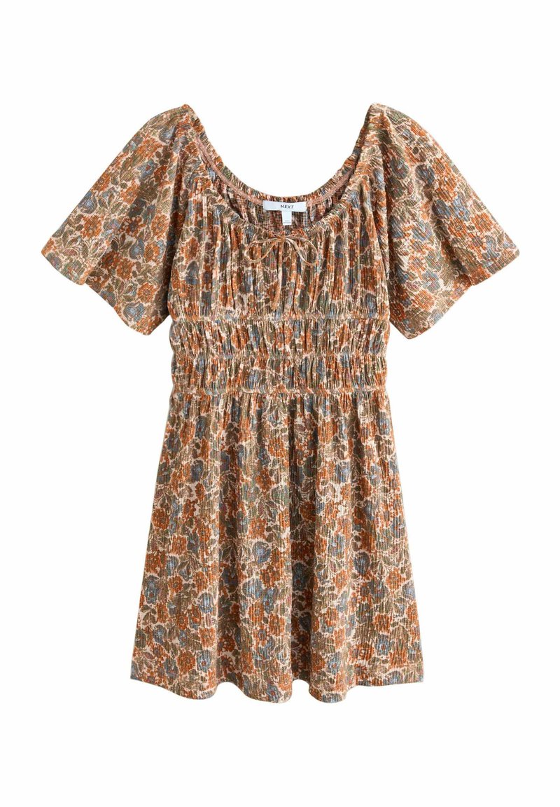 Floral print dress with short puff sleeves, smocked waist, and a rounded neckline. Colors include rust, blue, and green on a beige background.
