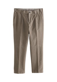 Pantalon chino kaki en coton léger, doté d'une coupe droite, de plis à l'avant, d'une fermeture à bouton et de deux poches latérales.