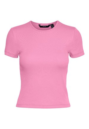 Short-sleeve, ribbed, fitted pink crop top with crew neckline and visible brand label inside collar.