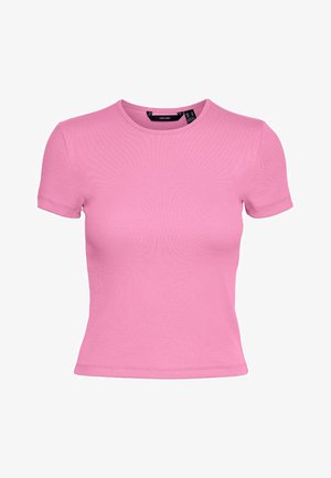 Roza, kratka majica s kratkimi rokavi, rebrasta in oprijeta, z okroglim izrezom ter vidno oznako blagovne znamke na notranji strani ovratnika.