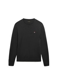 Maglione nero a maglia con maniche lunghe, scollo rotondo e un piccolo logo ricamato sul petto. Realizzato in tessuto morbido con polsini e orlo a coste.