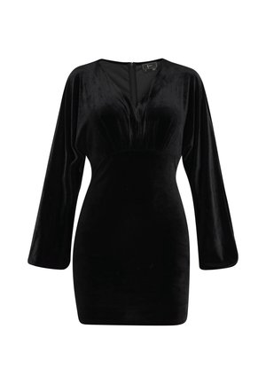 Černé sametové šaty, přiléhavé tělo s hlubokým výstřihem do V, dlouhé rukávy, hladká textura, ke kolenům, s plisováním na přední straně, se zipem na zadní straně.