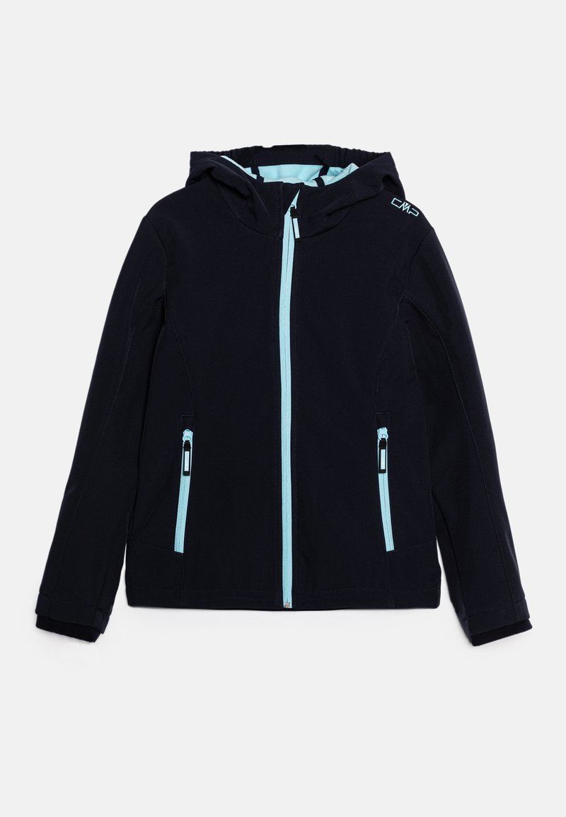 Granatowa kurtka softshell z kapturem, jasnoniebieskie zamki błyskawiczne, dwie boczne kieszenie i elastyczny dół. Prosty design bez wzorów i akcentów.