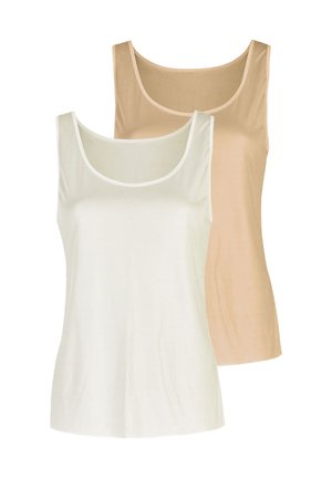 Two sleeveless scoop neck tank tops in beige and white, displayed overlapping on a white background.