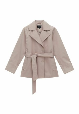 Lichtbeige trenchcoat van soepel stof, met een brede kraag, een riem in de taille en twee knopen aan de voorkant.