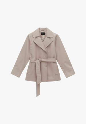 Light beige trench coat made of smooth fabric, featuring a wide collar, belt at the waist, and two buttons down the front.