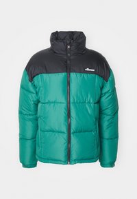 Chaqueta tipo plumas verde y negra con un alto cuello, cierre con cremallera en la parte delantera y textura acolchada; presenta un logo en el lado izquierdo del pecho.