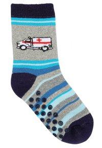 Graue Socken mit blauen und marineblauen Streifen. Mit einem gestickten Design einer Ambulanz. Mit rutschfesten Gummipunkten auf der Sohle für besseren Halt.