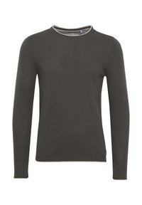 Dark gray long-sleeve t-shirt in a fitted design, featuring a crew neck with a contrasting light gray trim. Smooth fabric texture.