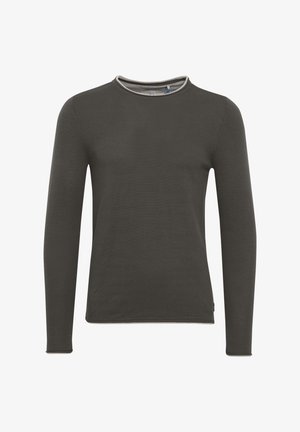 Tamno siva majica dugih rukava u uskom dizajnu, s okruglim izrezom i kontrastnim svjetlosivim rubom. Glatka tekstura tkanine.