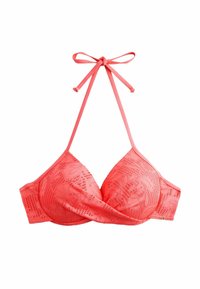 Korall színű bikini felső csipke textúrával, állítható pántokkal és masni zárással. Háromszög alakú kosárkák és virágmintás részletek jellemzik.