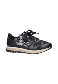 Baskets noires en cuir et vernis avec lacets à l’avant, fermeture éclair latérale et semelle beige sur fond blanc.