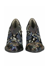 Černé květinové kotníkové boty s vícebarevnou výšivkou. Mají strukturovanou látku, dekorativní prošívání a kontrastní elastický pruh.