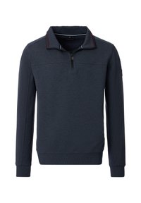 Mørkeblå polo med krave og kvart lynlås, struktureret stof, kontrastfarvet rød detalje på kraven samt ribbede manchetter og kant.