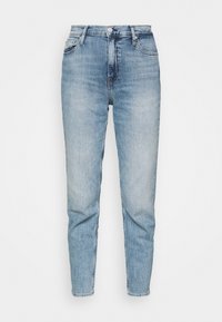 Světle modré džíny vyrobené z denimu s vysokým pasem, úzkým střihem, pěti kapsami a ošoupaným vzhledem. Švy jsou rovné a nohavice jsou mírně zúžené.