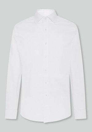 Witte lange mouwen shirt gemaakt van een gladde stof, met een puntige kraag en een knoopsluiting aan de voorkant, met een afgeronde onderkant en knoopmanchetten.
