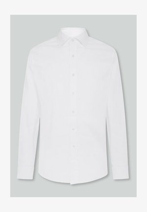 Camisa blanca de manga larga hecha de una tela suave, con un cuello puntiagudo y una parte delantera abotonada, con un dobladillo curvado y puños abotonados.