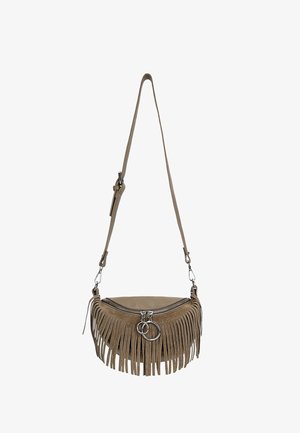 Torebka na ramię z frędzlami w beżowym faux zamszu. Posiada zamek błyskawiczny, srebrne akcesoria oraz podwójny pierścień na przedniej części. Regulowany pasek.
