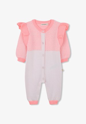 Rosa gestrickter Babystrampler mit Rüschenschultern, strukturiertem Oberteil, Knopfleiste und gerippten Bündchen an Ärmeln und Beinen.