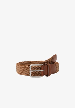 Brauner gewebter Gürtel mit silberner Schnalle und Lederrand, auf weißem Hintergrund zusammengerollt.