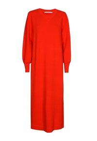 Rotes Strickkleid mit rundem Ausschnitt, langen Ärmeln mit gerippten Abschlüssen und gerader Silhouette. Glatte Textur mit minimalen Details.