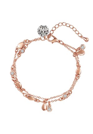 Bracciale in oro rosa con anelli ovali, piccole pietre trasparenti brillanti e una perla decorativa in argento. Presenta un gancio a moschettone e una catena regolabile.
