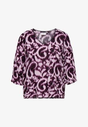 Purpurinė ir rožinė raštuota palaidinė su trumpomis rankovėmis, V formos iškirpte ir tekstūruotu audiniu. Raukiniai ant rankovių ir juodas apvadas akcentuoja iškirptę.