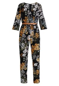 Jumpsuit floreale con maniche lunghe; sfondo nero con piante arancioni, bianche e verdi. Include una vita aderente e una chiusura con zip sul retro.