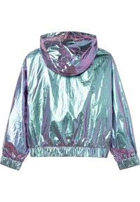 Perłowa kurtka z kapturem o refleksyjnej powierzchni, z elastycznymi mankietami i talią; cechuje się gładką, błyszczącą fakturą oraz lekkim krojem.