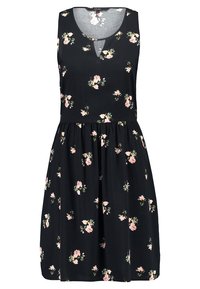 Ärmlös svart klänning med rosa och vita blommor, rund halsringning med liten V-utskärning, samlad midja, knälång kjol.